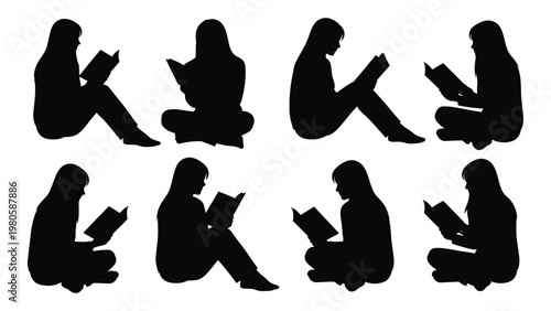 Eight silhouettes of people are shown engrossed in reading books while sitting with legs crossed