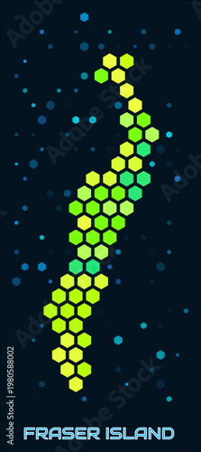 Fraser Island hexagon dots map. Digital style boundary shape. Fraser Island map and title. Large green colored hexagons, sparse blue dots at background. Vector Illustration.