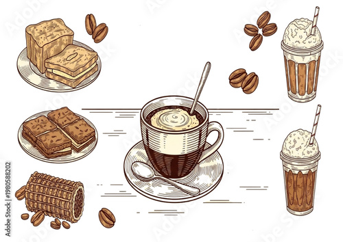 A Delicious Collection of Coffee Drinks and Snacks, Perfect for a Break