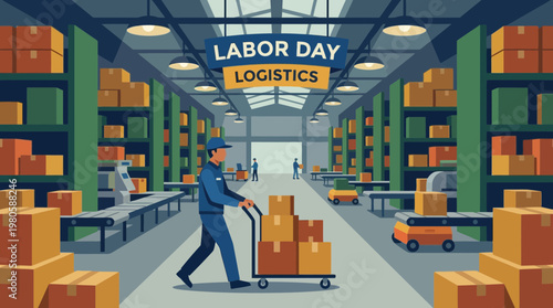 Labor Day Logistics Illustration of a Worker in a Busy Warehouse
