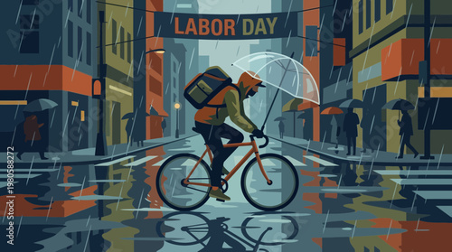 Delivery Courier Cycling on City Street in Rain on Labor Day