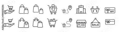Shopping and retail line icons set featuring shopping cart bags delivery tracking mall building basket store front and gift card vector illustration with editable stroke.