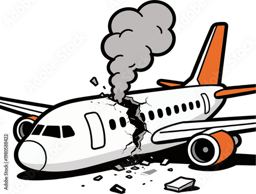 Cartoon Airplane Crash Vector, Damaged Plane Wreck Smoke Debris Side View Orange Tail Emergency Aviation Accident Illustration