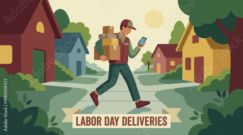 Labor Day delivery person carrying packages in suburban neighborhood
