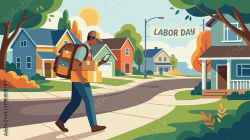 Delivery courier working in a suburban neighborhood on Labor Day