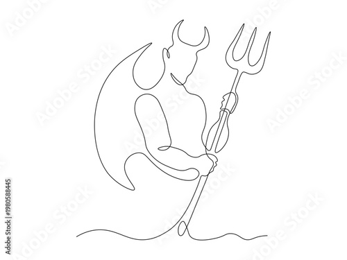 devilish figure with horns and a wing, holding a trident, depicted in a minimalist, evoking mythical and dark themes. Continuous single one line art hand drawing sketch logo on white background.