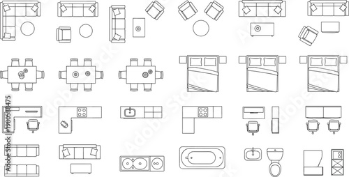 Black and White Furniture Icon Set Featuring Living Room, Bedroom, Dining Room, and Bathroom Furniture for Interior Design