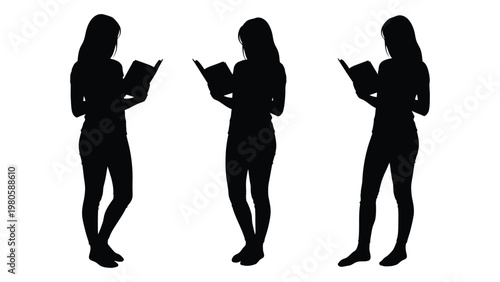 Three silhouetted women are depicted reading books standing in a row against a white background