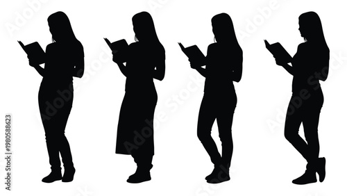 Four silhouettes of women are engrossed in reading books creating a study or library atmosphere