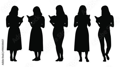 A silhouette of five women reading books standing in a row against a plain white background