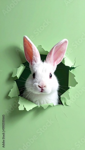 A white rabbit peeks through a torn green paper hole