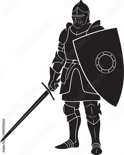 Black knight holding sword and shield armor white