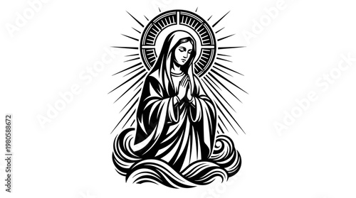 Virgin Mary Praying Religious Illustration, Blessed Mother Woodcut Style Vector Art for Catholic and Christian Faith
