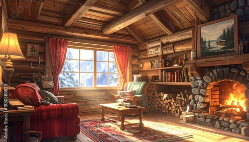 Cozy cabin interior with fireplace, wooden accents, and snowy view