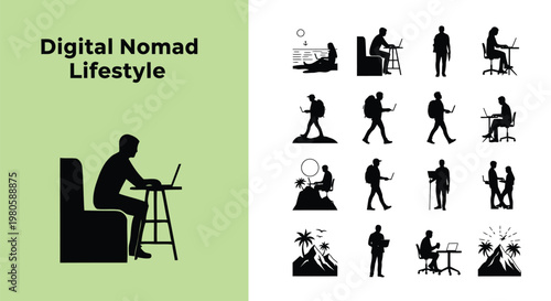 Diverse vector illustration set depicting the flexible and adventurous digital nomad lifestyle with remote workers.
