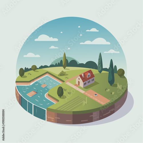 idyllic countryside landscape with house and swimming pool inside a pr