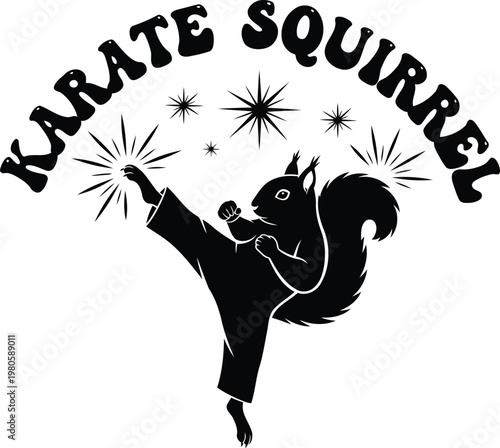 Karate Squirrel in Black and White with Starbursts