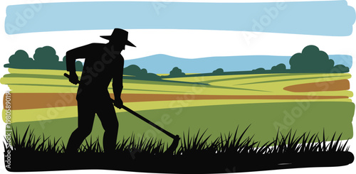 Silhouette of a traditional farmer wearing a straw hat while working in the field using a handheld gardening tool today