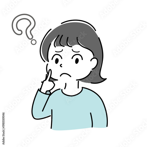 考える女性 はてなマーク シンプル イラスト 悩む 疑問 困る 人物 ベクター / Thinking woman with question mark confused doubt character vector