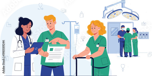 Medical professionals in scrubs and white coat working together while reviewing digital charts and patient records in a busy hospital