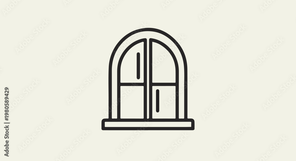 Fototapeta premium Stylized arched window with four panes and a sill, rendered in simple black lines on a cream background