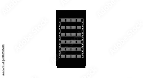 A tall, black server with multiple horizontal vents on its front panel is shown.