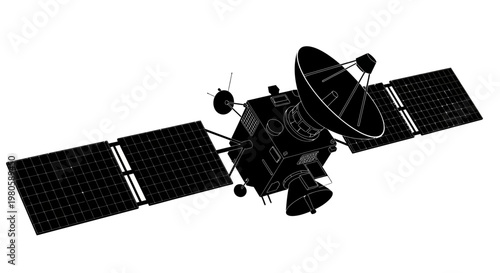 A spacecraft with solar panels and satellite dishes floats in space against a white background d2