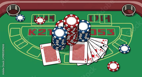 A casino table displays stacks of poker chips and playing cards for a game