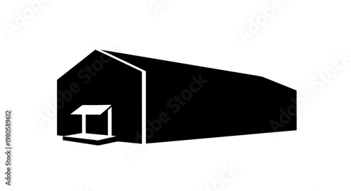 A black illustration of a large barn with a small porch in front on a white background d2 85