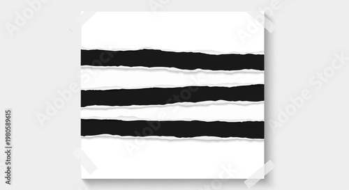 White paper with torn horizontal black stripes, attached with tape