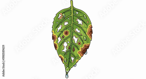A single green leaf, damaged with brown spots, holes, and dripping water