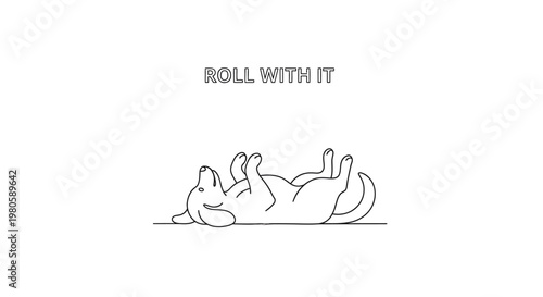Minimalist line art illustration of a cute puppy rolling on its back with text.