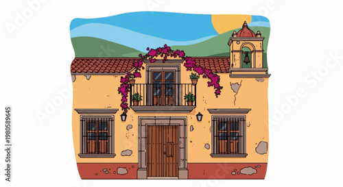 Stylized illustration of an old building with a bell tower, balcony, and flowering vines under a sunny sky