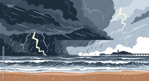 Stormy ocean seascape with lightning striking over a distant pier