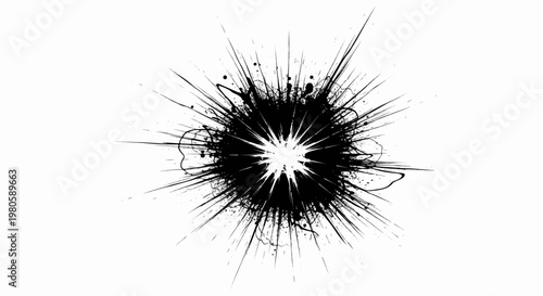 Abstract burst of black ink splatters and lines radiating outwards from a bright center