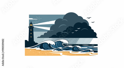 A pixel art lighthouse stands on a sandy beach as stormy waves crash ashore under a dark, cloud-filled sky with rain