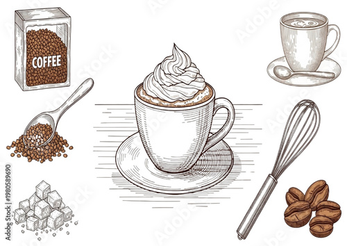 Coffee Beans, Sugar Cubes, Whipped Cream, and Whisk for Coffee Preparation