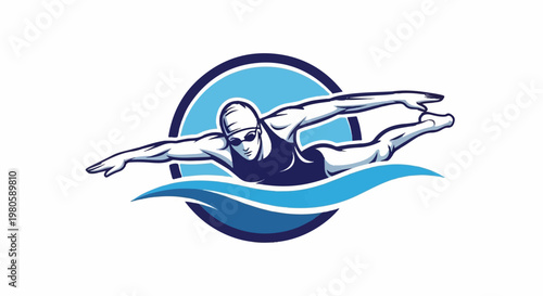 A stylized depiction of a swimmer in mid-stroke, emerging from stylized waves
