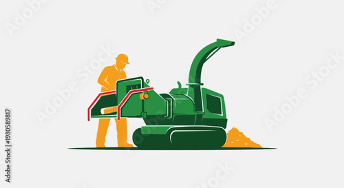 Stylized worker operates a green wood chipper, processing debris
