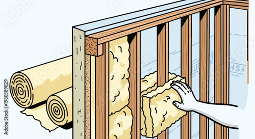 Hand installing insulation material into a wall frame, with rolls of material nearby