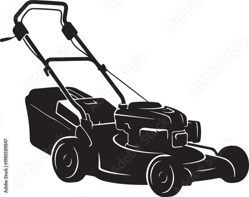 Black lawn mower with white outline on white background