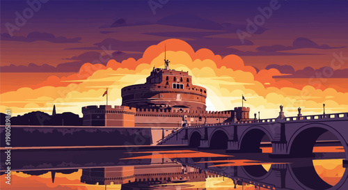 Pixelated ancient fortress and arched bridge reflected in calm water at sunset