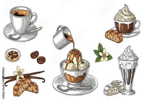 Delicious coffee desserts and treats, coffee beans, vanilla, and biscotti