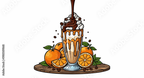 Rich coffee beverage with caramel drizzle and fresh oranges, garnished with cream and coffee beans