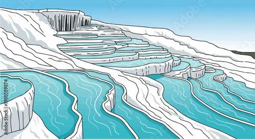 Terraced mineral pools cascade down a white hillside under a clear blue sky