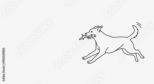 Line art illustration of a happy dog running while carrying a wooden stick in its mouth.