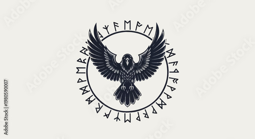 A stylized raven with outstretched wings is centered within a circle of ancient runic symbols on a pale background