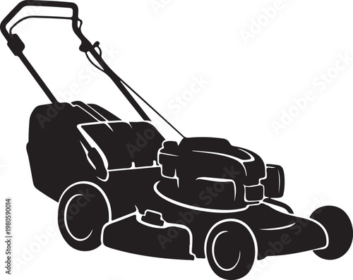 Black lawn mower with white outline on white background