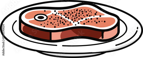 A raw steak seasoned with pepper sits on a white plate, depicted in a simple, flat style