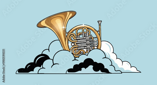 Golden French horn floats serenely on stylized, wispy clouds against a light blue sky